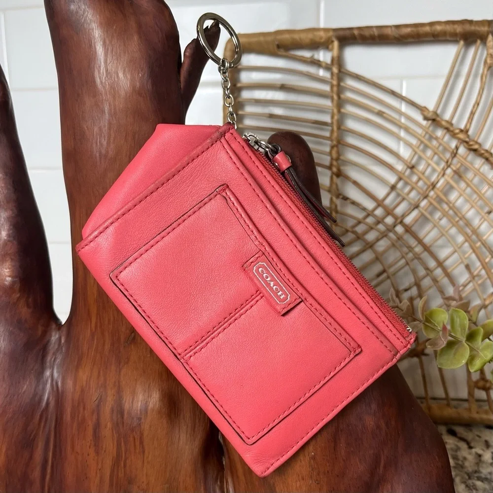 COACH Coral Pink Leather Zip Card Pouch with Key Ring